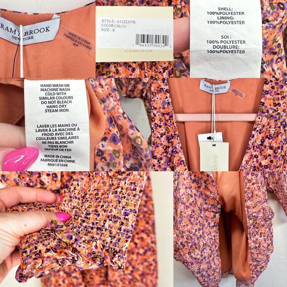 NWT Ramy Brook Xian Floral Tiered Tie Waist Long Sleeve Mini Dress Orange Small - Picture 12 of 16